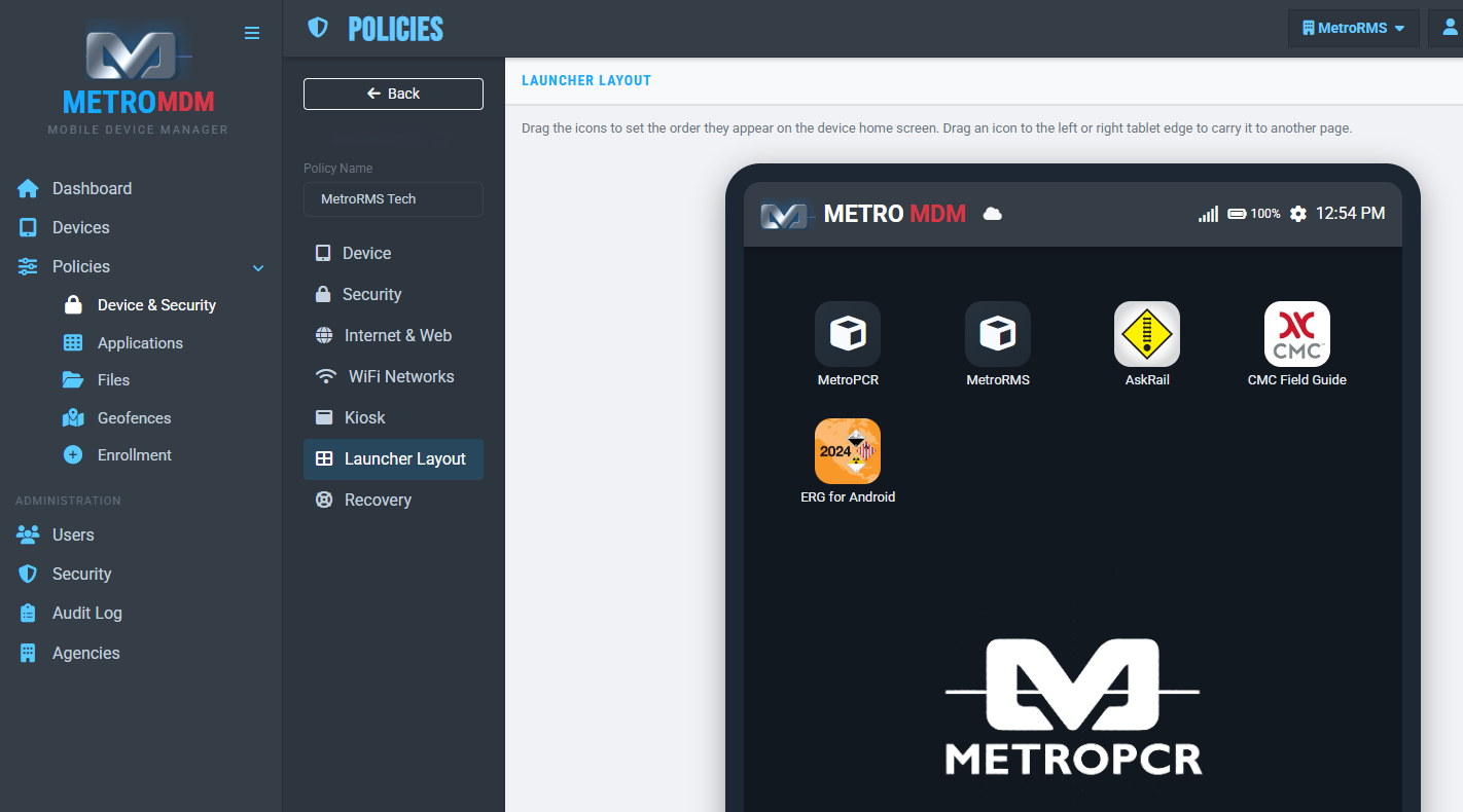 MetroMDM launcher policy editor configuring apps on an EMS field tablet