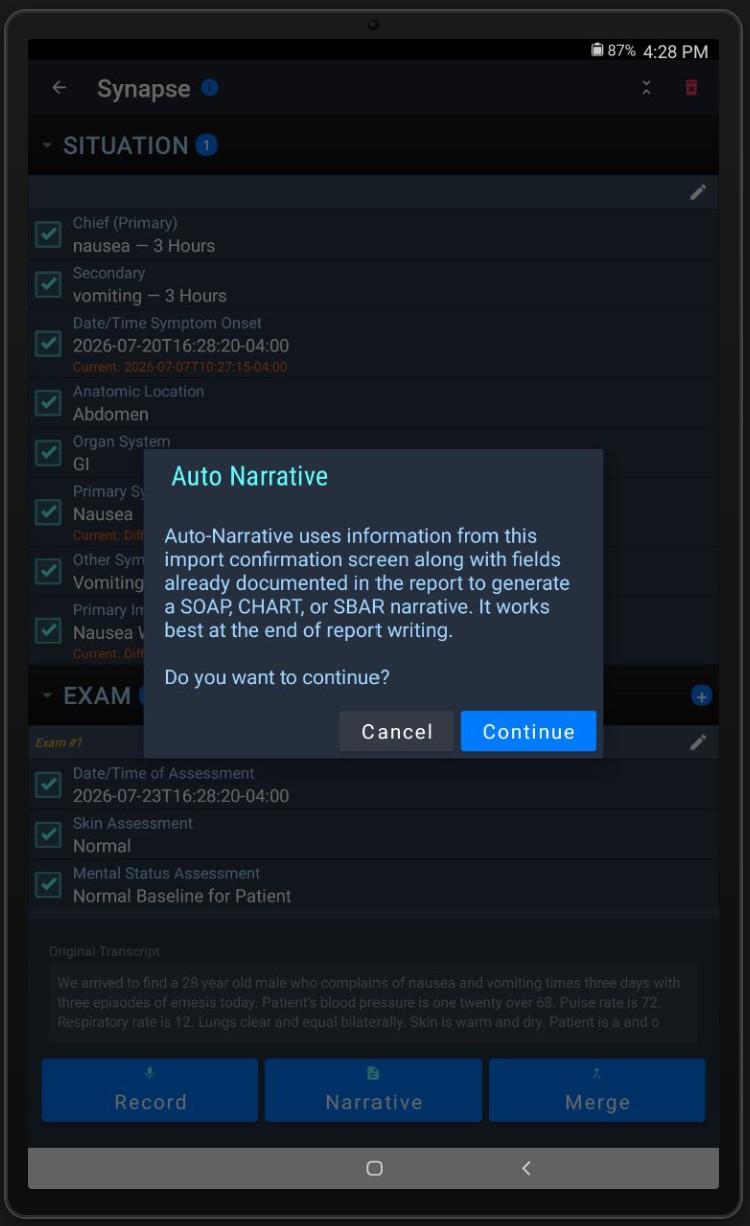 Auto Narrative dialog explaining SOAP, CHART, and SBAR narrative generation