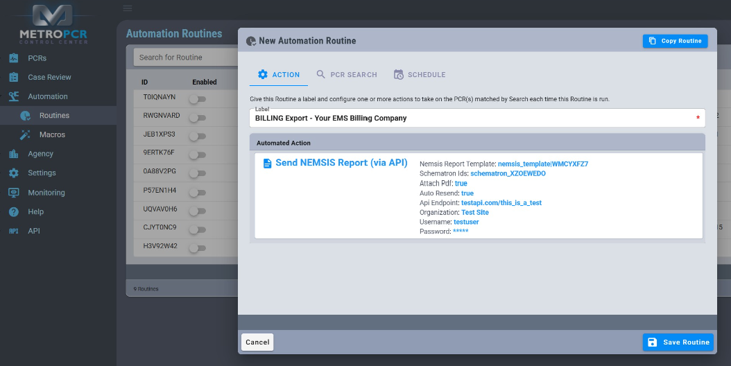 MetroPCR Control Center billing export automation routine sending a NEMSIS report via API